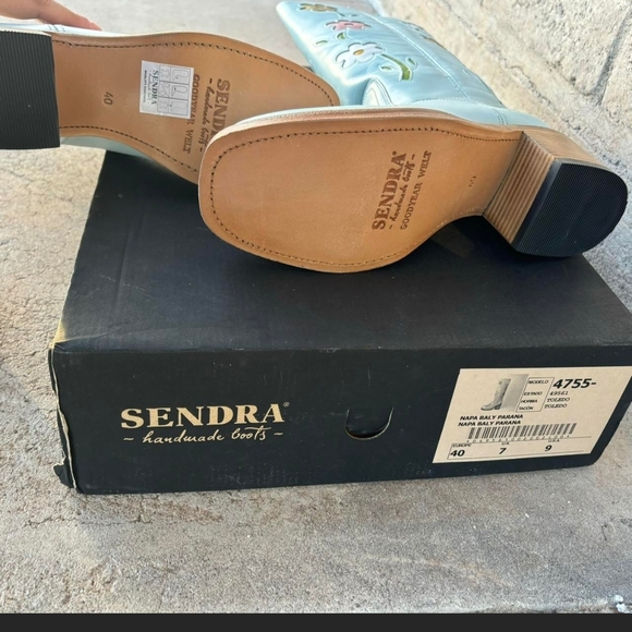 Anthropologie Light Blue Leather Floral Mid-Calf Heeled Boots - Picture 4 of 9